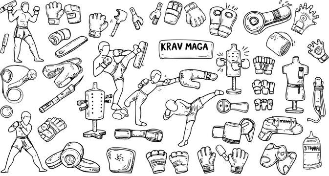 Krav Maga Training Equipment and Practitioners Doodles Set, Featuring Martial Arts and Self-Defense Gear and Dynamic Poses.
