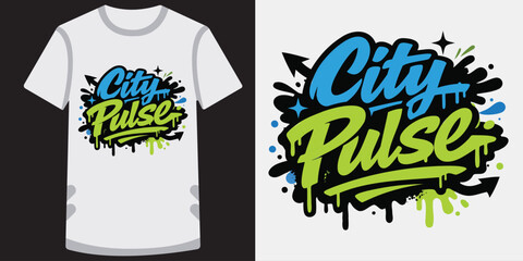 Modern graffiti style typography design on white tshirt showcasing vibrant colors and dynamic effects perfect for urban fashion lovers © md