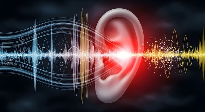Human ear with digital sound wave frequencies. Audio processing and hearing health. Abstract visualization of sonic vibrations and noise levels entering the ear canal
