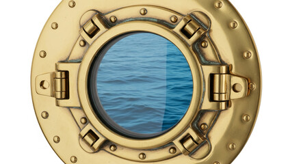 Vintage brass porthole with ocean view through round glass window nautical metal frame with rivets and hinges on white background