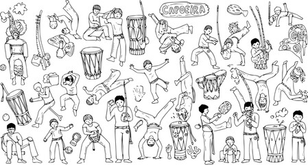 Obraz premium Hand-Drawn Capoeira Illustrations: Brazilian Martial Arts, Music Dance