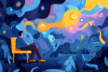 Fototapeta premium Man sitting on a yellow chair gazes at vibrant abstract artwork featuring swirling colors and shapes, creating a dreamlike atmosphere in a surreal environment