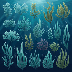 Underwater Scene with Diverse Seaweed and Marine Life from an Overhead Viewpoint