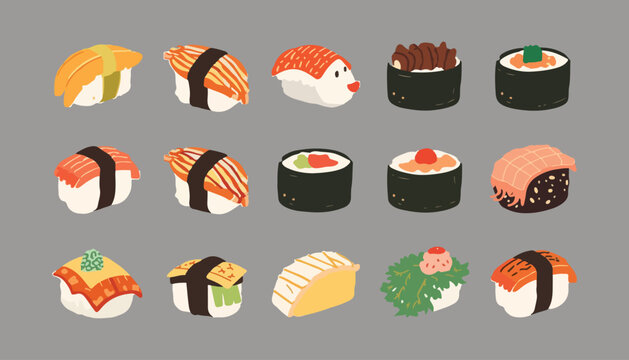 Set of variant sushi different. Japanese food. Rice and salmon fish. Seafood restaurant menu.