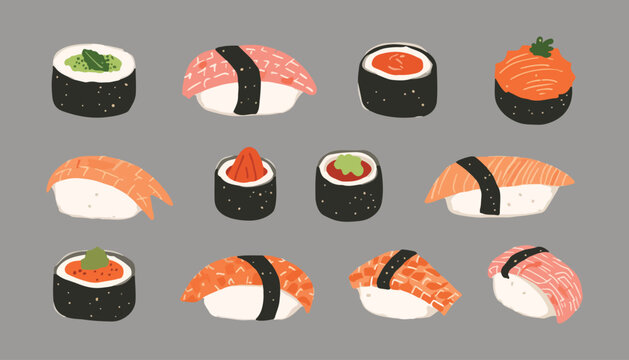 Set of variant sushi different. Japanese food. Rice and salmon fish. Seafood restaurant menu.
