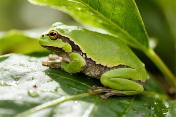 Obraz premium Green tree frog resting on a leaf with water droplets in a natural setting
