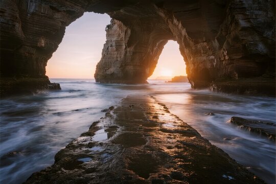 Sunset through natural rock arches over a calm sea with reflective water and rocky shoreline