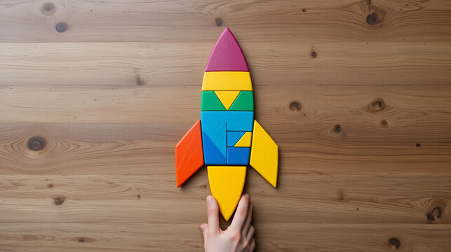 Color tangram in rocket shape with hand at the base on wood background (Concept for startup, new experience or business)