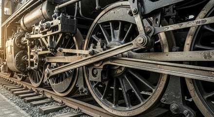 Close up of vintage steam locomotive wheels and gears on railway tracks with a nostalgic feel