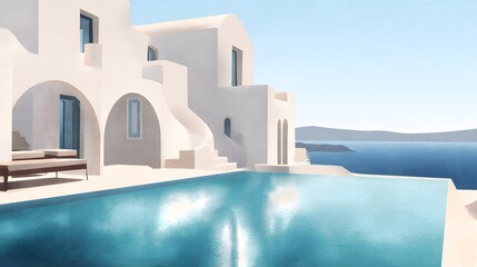 Obraz premium Serene Santorini Villa Dreamscape Mediterranean Luxury Vacation Illustration High Detail Art