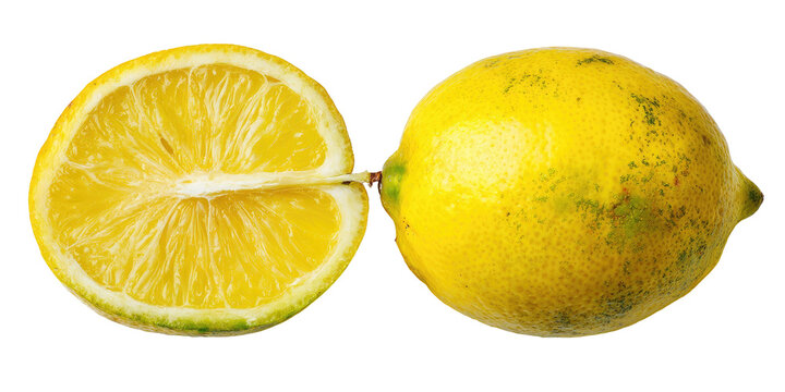 A sliced citrus fruit, revealing the interior next to the whole, ripe example