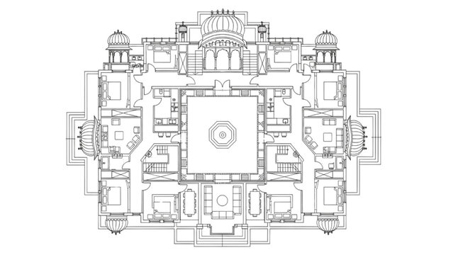 High Quality Black Line Art of Traditional Indian Haveli-Style House Layout with Inner Courtyard and Multiple Chambers, Top View Architectural Floor Plan Illustration