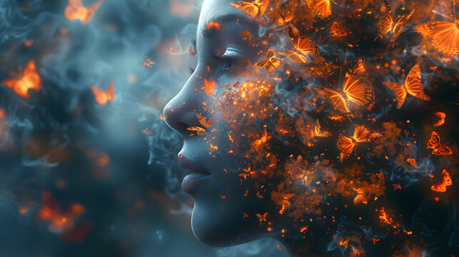 Conceptual Surreal Portrait Showing Butterflies Flying from Human Mind Representing Freedom Imagination and Creativity, Dreamlike 4K Art