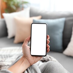 Casual hand holding a smartphone indoors.