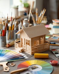 Creative workspace with model house and colors.