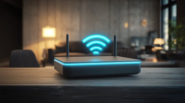 Modern router with glowing signal indicators.