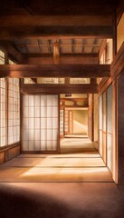 Fototapeta premium Serene Japanese interior illustration tranquil tatami room shoji screens soft light traditional aesthetics