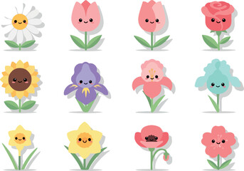 Obraz premium Collection of colorful cartoon flowers with smiling faces arranged in a grid pattern on a clean background