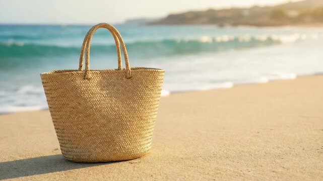 A straw bag is placed on a sandy beach with ocean waves gently rolling in.