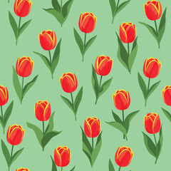 Fototapeta premium Vibrant red and yellow tulips seamless vector pattern on a pastel green background, ideal for spring designs