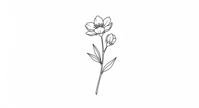 Delicate hand-drawn flower illustration with leaves and stem.
