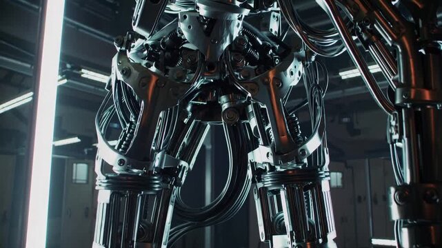 chrome robot leg in laboratory, closeup of mechanical torso and pistons, braided cables and hydraulic lines, vertical LED light columns, sterile industrial hangar, slow diagnostic movements,