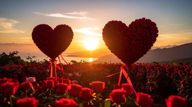 Two giant heart-shaped rose bouquets overlook a romantic sunset over the ocean
