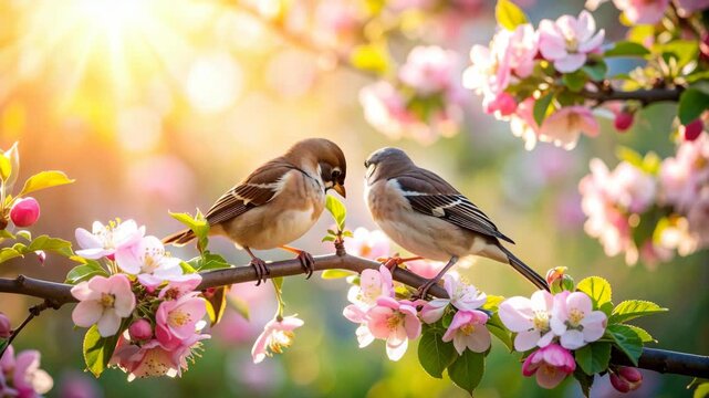 Two sparrows perched on a blossoming tree branch bathed in warm sunlight