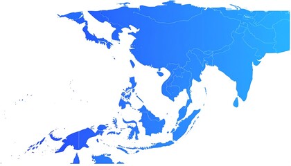 Obraz premium A stylized, gradient-filled map focusing on the Asian continent, showcasing landmasses and surrounding waters in shades of blue