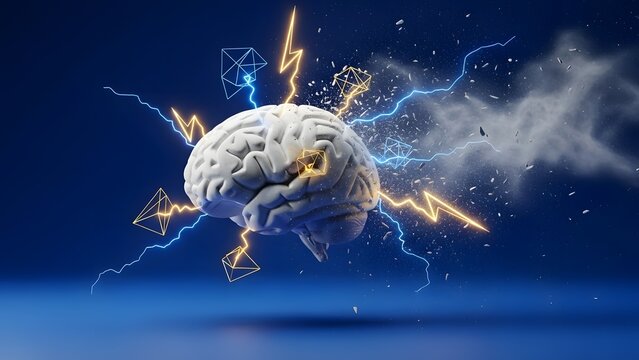 White brain sculpture exploding with blue and yellow lightning. Brainstorming and mental stress concepts. Creative mind bursting with energy sparks and data fragments on blue background