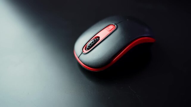 Black and red wireless computer mouse on a dark desk with soft studio light, shallow depth of field and copy space&mdash;ideal for office, tech, and productivity b-roll.