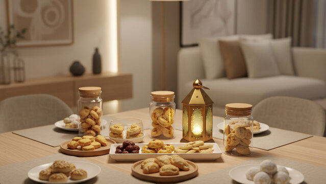 Minimalist Eid table setting at home, kurma and traditional Indonesian cookies arranged neatly, simple glass jars, warm ambient lighting.