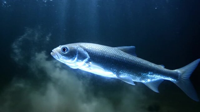 A lone luminous fish swims upstream in dark underwater waters