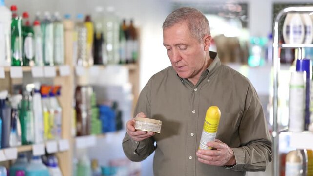 Mature European carefully reads the instructions for using natural wood cleaning products. Elderly man chooses cleaning and caring products for parquet in the supermarket. High quality 4k footage