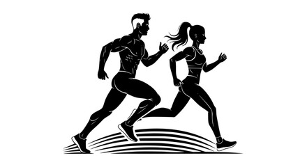 Fototapeta premium Running man and woman, isolated vector silhouettes. Run, side view. Silhouettes of athletic looking male and female runners running. Transparent background SVG version.