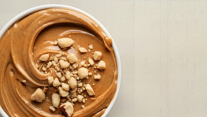 Peanut butter in a bowl with peanuts on top, creamy texture, beige background