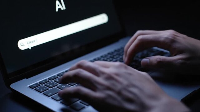 Person typing on laptop with AI search bar on screen.