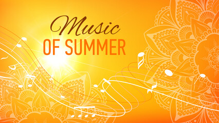 Abstract summer music banner with bright beam light, beautiful mandala, treble clef, musical notes and curved staff ribbon. Soft light, harmony and creativity concept. © mariaaverburg
