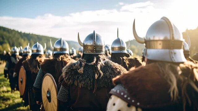 Historical warriors with horned helmets marching in formation on a grassy field