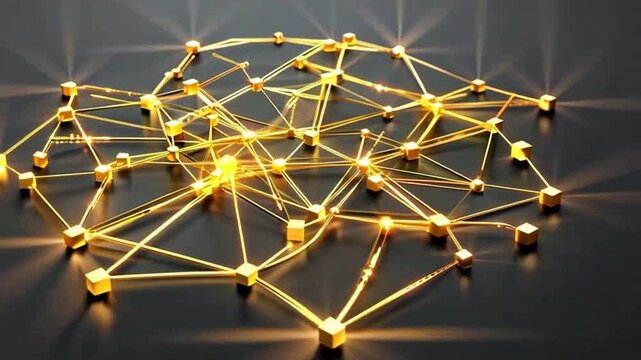 A complex network of glowing yellow lines and nodes on a dark background with radiant beams and a metallic sheen.