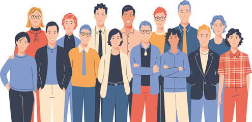 Fototapeta premium Large Group of Diverse People Characters Standing Together with Various Outfits and Expressive Faces Vector Illustration