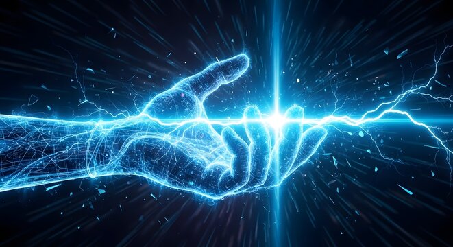 Glowing digital wireframe hand reaching toward a light source. Human connection and virtual reality technology. Cybernetic arm with electric energy sparks and blue light trails