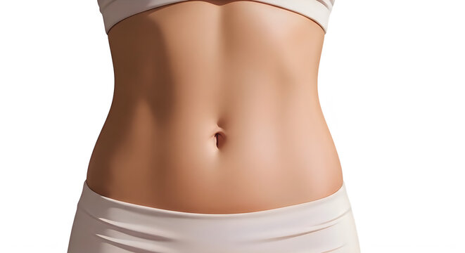 woman's toned abdomen, fitness model, six pack, flat stomach, white background