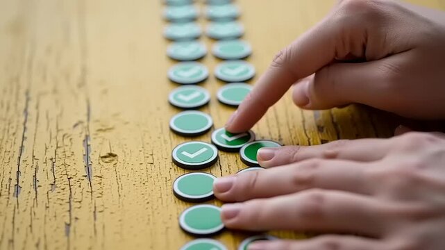 Hands Arranging Green Coins on Wooden Table.