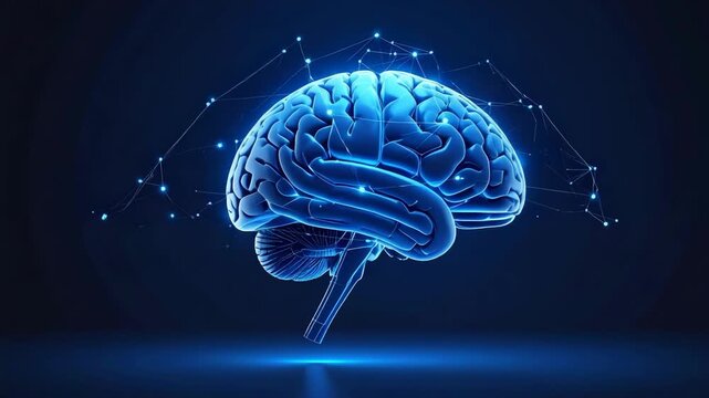 Glowing blue human brain with connected luminous nodes on dark background