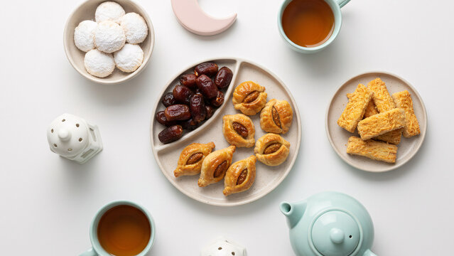 Top view flat lay of Eid al-Fitr snacks on a minimalist white table, dates, nastar, kastengel, putri salju, tea cups, small crescent moon and lantern decoration.