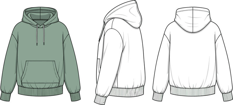 Sage green and white oversized hoodie vector technical flat sketch template featuring front side and back views for fashion designers and clothing brand manufacturing.