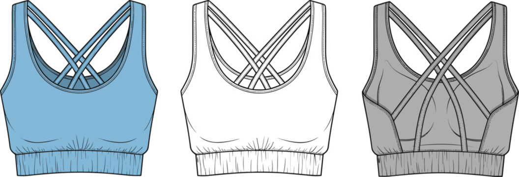 Technical flat sketch of women's cross back sports bra vector template featuring a wide elastic underband and strappy back details.