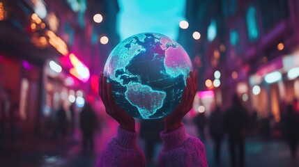 Fototapeta premium Hands holding glowing Earth at night
