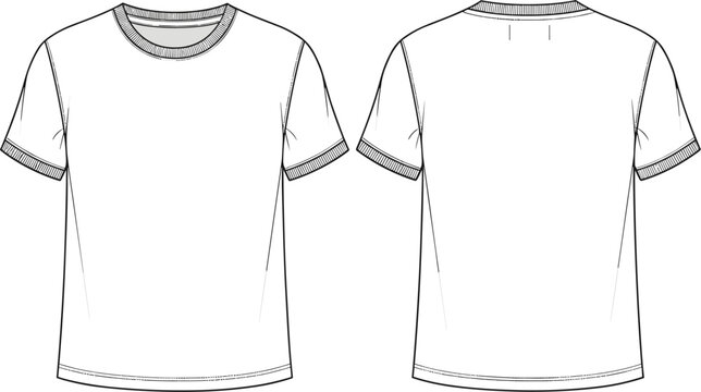 Blank ringer t-shirt technical sketch template with front and back views featuring contrast collar and sleeve bands for fashion design.